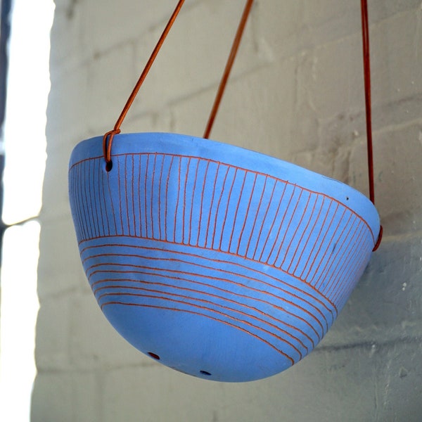Large Electric Blue & Terracotta Hanging Planter w/ Hand-Carved "Directional Line" Design - Plant Hanger - Hanging Basket - Indoor Garden