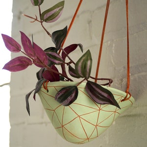 Light Green & Terracotta Hanging Planter w/ "GeoTriangle" Design - Hanging Pot w/ Carved Design - Succulent, Cactus, Herb, Air Plant, Etc