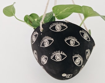 Black & White Hanging Planter w/ "Eye" Design - Hanging Pot with Carved Design - Succulent, Cactus, Herb, Air Plant, Etc - Home Decor