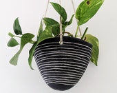Black White Hanging Planter w quot Horizon quot Design - Hanging Pot with Carved Design - Succulent, Cactus, Herb, Air Plant, Etc - Housewarming