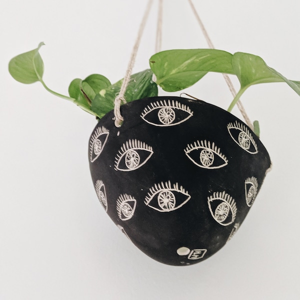 Black & White Hanging Planter w/ "Eye" Design - Hanging Pot with Carved Design - Succulent, Cactus, Herb, Air Plant, Etc - Home Decor