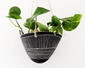 Black White Hanging Planter w quot Directional Line quot Design - Hanging Pot with Carvings - Succulent, Cactus, Herb, Air Plant - Housewarming