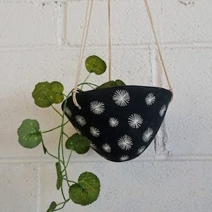 Black & White Hanging Planter w/ Carved "Sparkle" Design - Hanging Pot - Succulent, Cactus, Herb, Air Plant, Etc - Home Decor