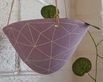 Purple & White Earthenware Hanging Planter w/ "GeoTriangle" Design - Hanging Pot with Carved Design - Succulent, Cactus, Herb, Ivy, Etc