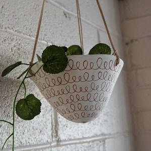 White & Terracotta Hanging Planter w/ "Curlique" Design - Hanging Pot with Carved Design - Succulent, Cactus, Herb, Air Plant, Etc