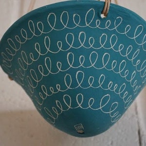 Teal Green & White Clay Hanging Planter w/ Carved "Curlique" Design - Succulent, Cactus, Herb, Air Plant, Etc - Housewarming