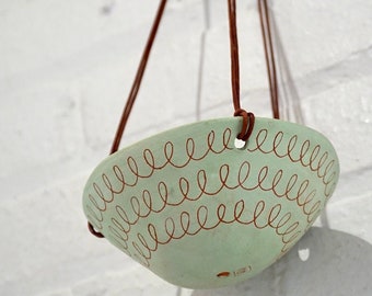 Light Green & Red Earthenware Hanging Planter w/ "Curly" Design - Hanging Pot with Carved Design - Succulent, Cactus, Herb, Air Plant, Etc