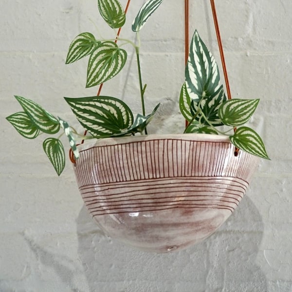 Large White & Terracotta Glazed Hanging Planter w/ Hand-Carved "Directional Line" Design - Plant Hanger - Hanging Basket - Indoor Garden