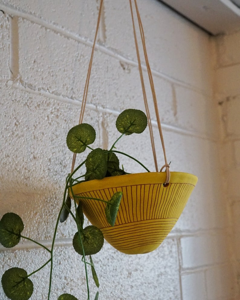 Bright Yellow & Terracotta Hanging Planter w/ Directional Line Design Hanging Pot with Carvings Succulent, Cactus, Herb, Air Plant image 7