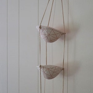 White & Terracotta 3-Tiered Hanging Planter with Hand Carved "GeoTriangle" Design- triple hanging planter