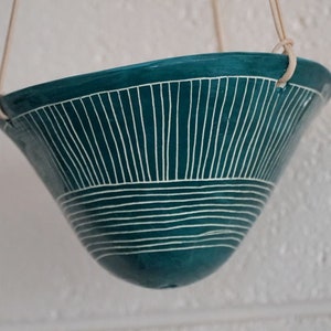 Teal Green & White Hanging Planter w/ "Directional Line" Design - Glazed - Hanging Pot - Succulent, Cactus, Herb, Air Plant, Etc