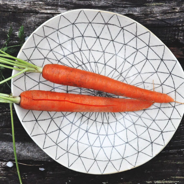 Hand Drawn GeoTriangle "Graphite" + White Ceramic Dish // Black + White Food Safe Dish // Modern Shallow Ceramic Bowl