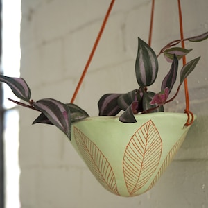 Light Green & Terracotta Hanging Planter w/ "Leaf" Design - Pale Green Hanging Pot with Carved Design - Succulent, Cactus, Herb, Air Plant