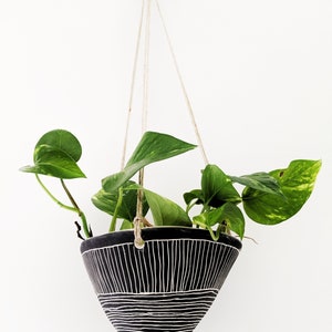 Black & White Hanging Planter w/ Directional Line Design Hanging Pot with Carvings Succulent, Cactus, Herb, Air Plant Housewarming image 1