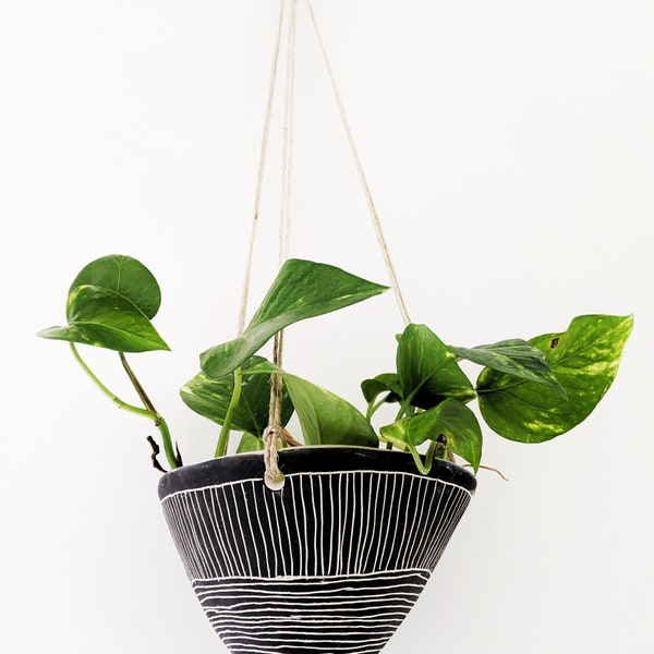 Black & White Hanging Planter w/ "Directional Line" Design - Hanging Pot with Carvings - Succulent, Cactus, Herb, Air Plant - Housewarming