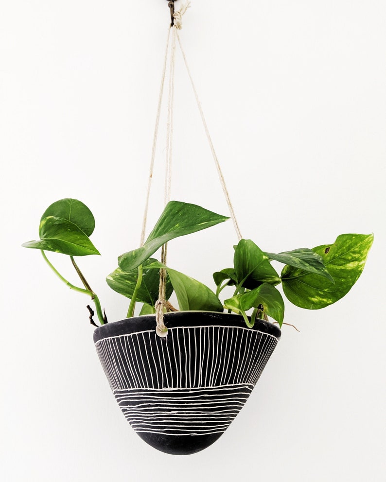 Black & White Hanging Planter w/ Directional Line Design Hanging Pot with Carvings Succulent, Cactus, Herb, Air Plant Housewarming image 1