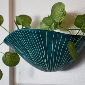 Teal and White Wall Pocket Planter | Handmade Ceramic Pottery | Vertical Line Succulent Planter