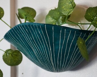 VERTICAL LINE - 7x4" Wide Wall Pocket Planter - Glazed Teal & White Earthenware Clay