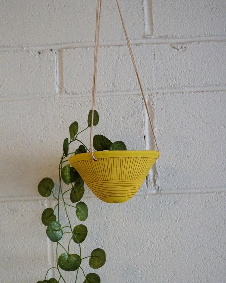 Bright Yellow & Terracotta Hanging Planter w/ Directional Line Design Hanging Pot with Carvings Succulent, Cactus, Herb, Air Plant image 5