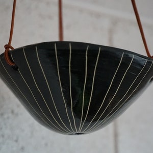 Glazed Black & White Mini Hanging Planter w/ "Vertical Line" Design - Hanging Pot w/ Carving - Succulent, Cactus, Herb, Air Plant