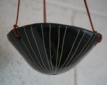 Glazed Black & White Mini Hanging Planter w/ "Vertical Line" Design - Hanging Pot w/ Carving - Succulent, Cactus, Herb, Air Plant