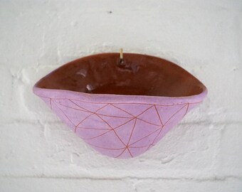 Purple & Terracotta Wall Pocket Planter w/ "GeoTriangle" Design - Ceramic Wall Planter - Pottery - Succulent Pot - Houseplant -Planter