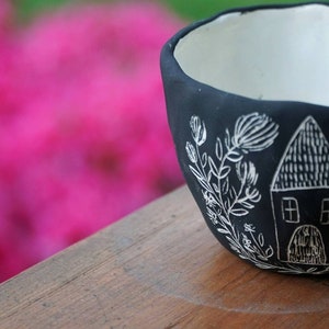 Black & White Small Table Planter with Folk Home Illustrated Design Succulent Planter Cactus Pot Housewarming Dorm Desk Planter image 2