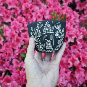 Black & White Small Table Planter with Folk Home Illustrated Design - Succulent Planter - Cactus Pot - Housewarming - Dorm - Desk Planter