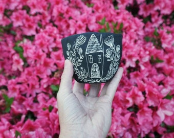 Black & White Small Table Planter with Folk Home Illustrated Design - Succulent Planter - Cactus Pot - Housewarming - Dorm - Desk Planter