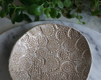 Speckled Stoneware Flora Bowl - White Stamped Dish - Small Serving Bowl - Catch-All Dish - Jewelry Dish - Wabi Sabi - Rustic Plate