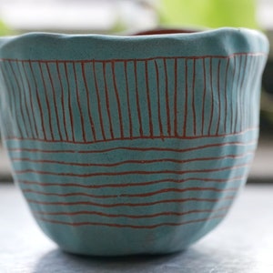 Aqua & Terracotta Mini Planter with Hand-Carved "Directional Line" Design - Succulent Planter - Cactus Pot - Housewarming