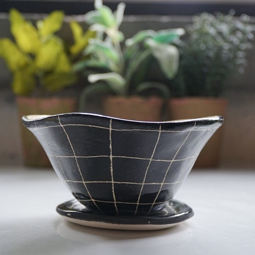 Black and White Glazed Table Planter w/ "Grid" Design - Succulent Planter - Small Plant Pot - Propagating Planter - Housewarming
