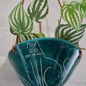 Teal & White Glazed Hanging Planter w/ "Kitty" Design - Hanging Pot w/ Carved Design - Glazed - Succulent, Cactus, Herb, Air Plant
