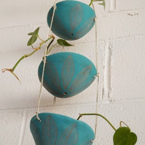 Teal & Terracotta 3-Tiered Hanging Planter with hand carved “Leaf” Design