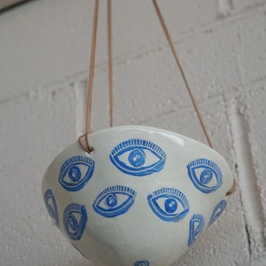 Blue & White Hanging Planter w/ Funky "Eye" Pattern Design - Ceramic Hanging Planter - Pottery - Succulent Pot - Houseplant - Planter