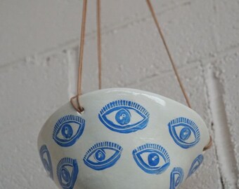 Blue & White Hanging Planter w/ Funky "Eye" Pattern Design - Ceramic Hanging Planter - Pottery - Succulent Pot - Houseplant - Planter