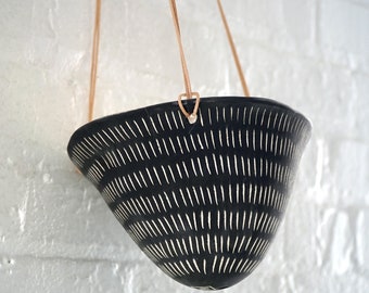 Black & White Hanging Planter w/ "Dash" Design - Hanging Pot with Carved Design - Succulent, Cactus, Herb, Air Plant, Etc - Housewarming