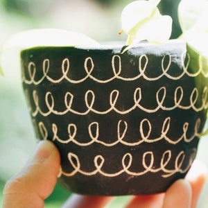 Black & White Earthenware Mini Planter w/ "Curly" Design - Succulent Planter - Small Plant Pot - Propagating Planter - Seedling Pot