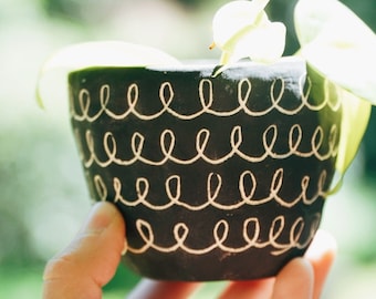 Black & White Earthenware Mini Planter w/ "Curly" Design - Succulent Planter - Small Plant Pot - Propagating Planter - Seedling Pot