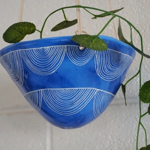 Blue & White Glazed Hanging Planter w/ "Arc" Design - Hanging Pot w/ Carving - Succulent, Cactus, Herb, Air Plant - Housewarming