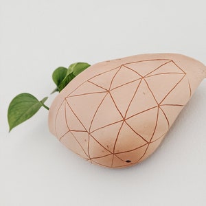 Pink & Terracotta Wall Pocket Planter w/ Carved "GeoTriangle" Design - Ceramic Wall Planter - Succulent Pot - Houseplant - Planter