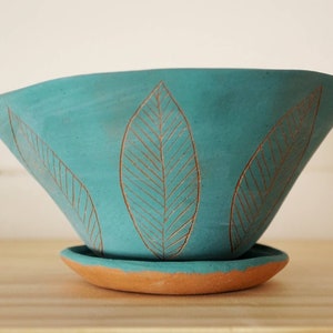 Large Teal & Terracotta Table Planter w/ Tray in "Leaf" Design / Glazed Interior / Succulent Planter / Indoor Planter / Housewarming