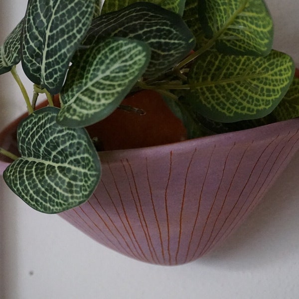 Purple & Terracotta Wall Pocket Planter w/ "Vertical Line" Design - Ceramic Wall Planter - Pottery - Succulent - Houseplant - Planter