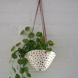 Black & White "Polka Dot" Hanging Planter with Leather Cord - Classic Dotted Hanging Pot w/ Glossy Finish - Succulent Planter - Indoor Pot