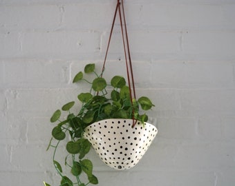 Black & White "Polka Dot" Hanging Planter with Leather Cord - Classic Dotted Hanging Pot w/ Glossy Finish - Succulent Planter - Indoor Pot