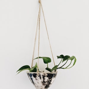 Black and White "Moon" Hanging Planter with Leather Cord - Hanging Pot w/ Glossy Finish - Succulent Planter - Indoor Pot