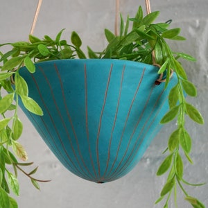 Teal & Terracotta Hanging Planter w/ "Vertical Line" Design - Hanging Pot with Carved Design - Succulent, Cactus, Herb, Air Plant, Etc