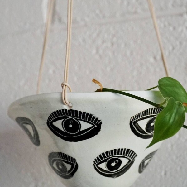 Black & White Hanging Planter w/ Funky "Eye" Pattern Design - Ceramic Hanging Planter - Pottery - Succulent Pot - Houseplant - Planter