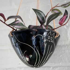 Black & White Hanging Planter w/ "Kitty" Design - Hanging Pot w/ Carved Design - Glazed - Succulent, Cactus, Herb, Air Plant - Home Decor