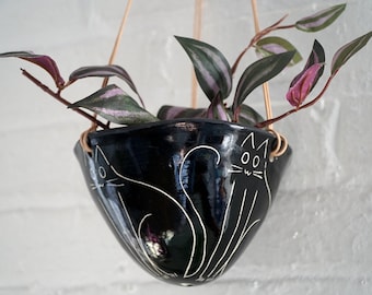 Black & White Hanging Planter w/ "Kitty" Design - Hanging Pot w/ Carved Design - Glazed - Succulent, Cactus, Herb, Air Plant - Home Decor